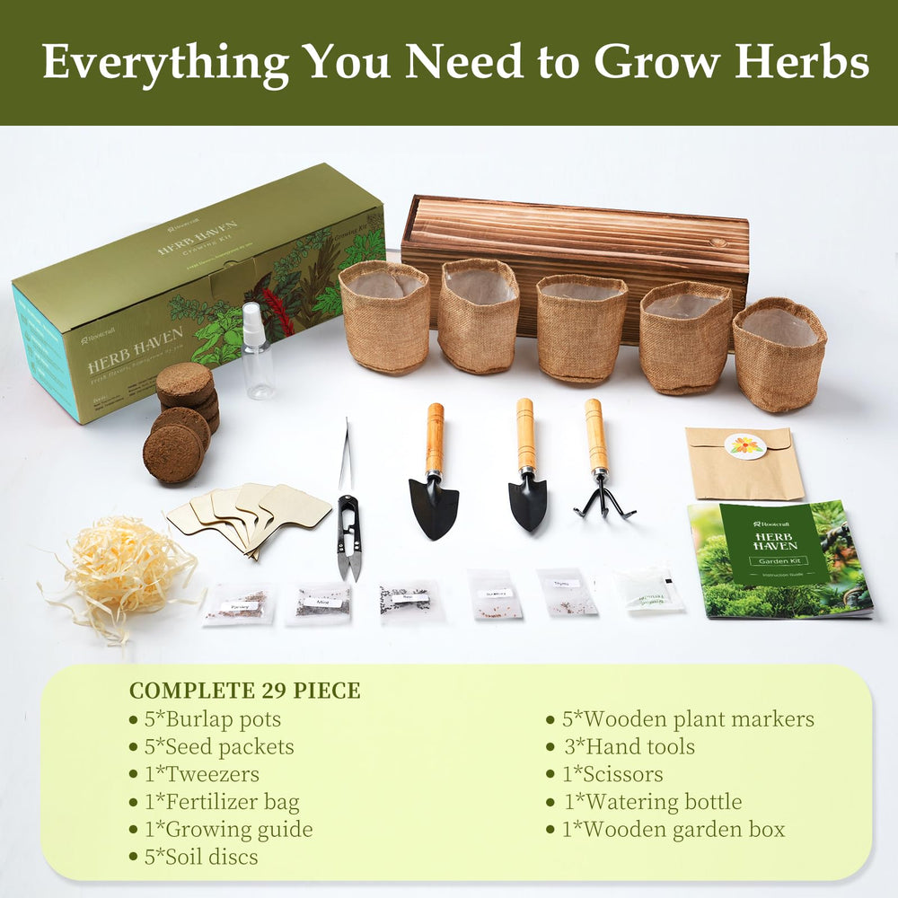 ROOTCRAFT arrangement of five burlap herb bags in box showing compact space-saving benefit
