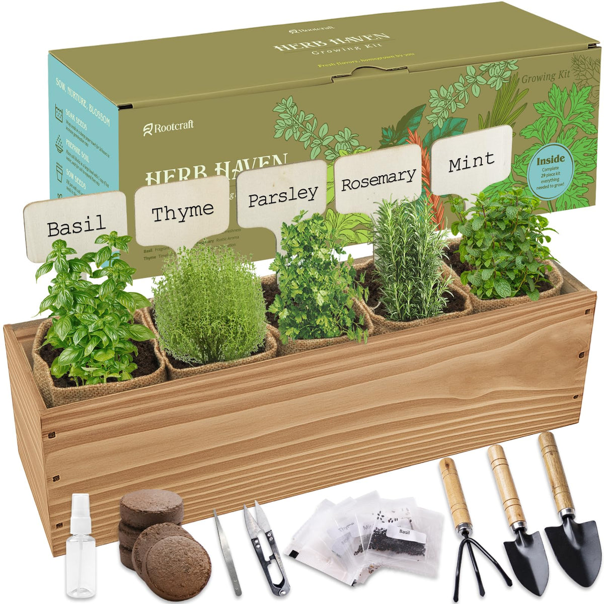 ROOTCRAFT wooden box planter front view showing tidy multi-herb setup and decor benefit