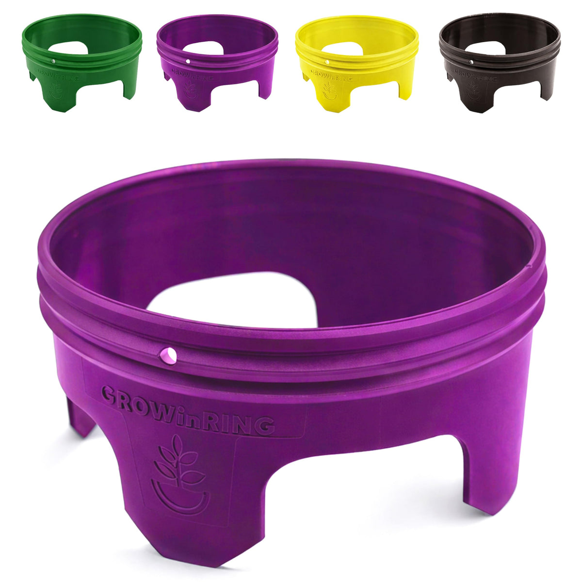Rooted Promise front packaging showing six purple 7-inch rings and benefit of tidy planting