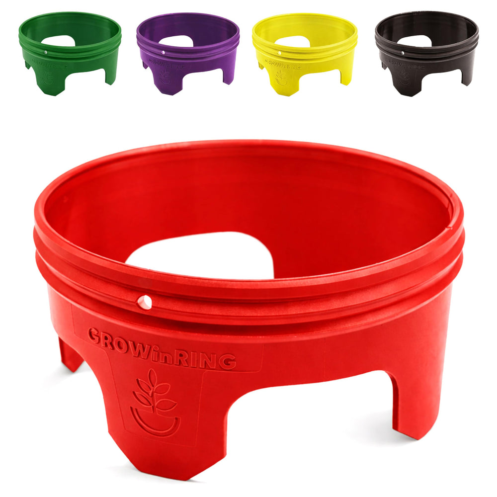 Rooted Promise front view of red 7-inch grow ring showing containment benefits