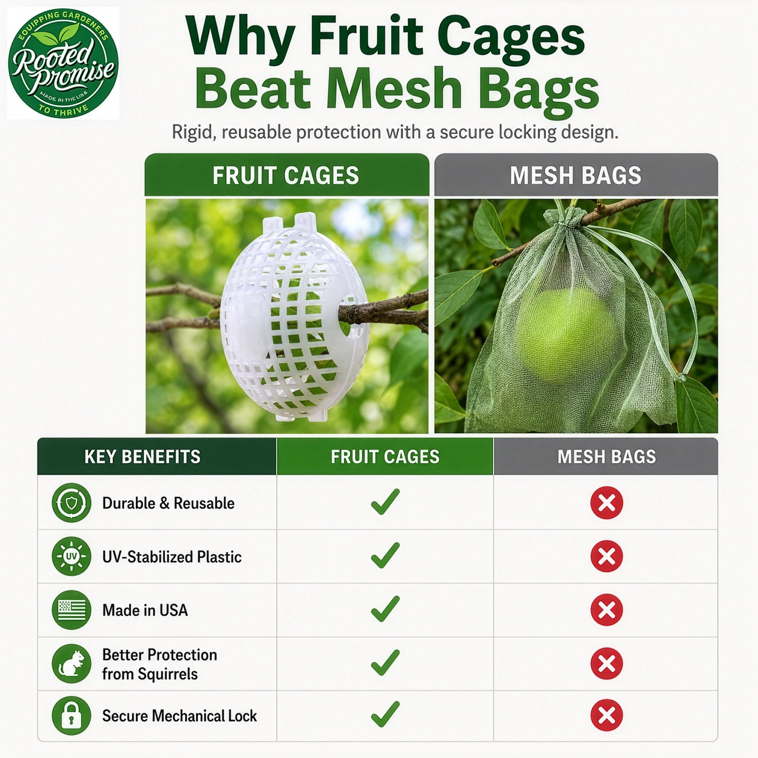Rooted Promise cage held in hand showing 5x8 scale and ease-of-use benefit