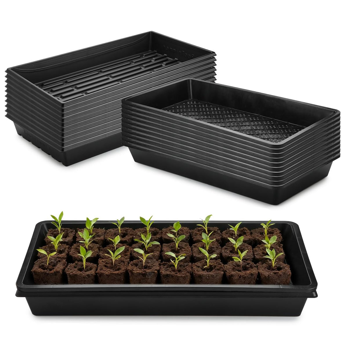 RooTrimmer front view of 1020 flat tray showing sturdy construction and easy stacking