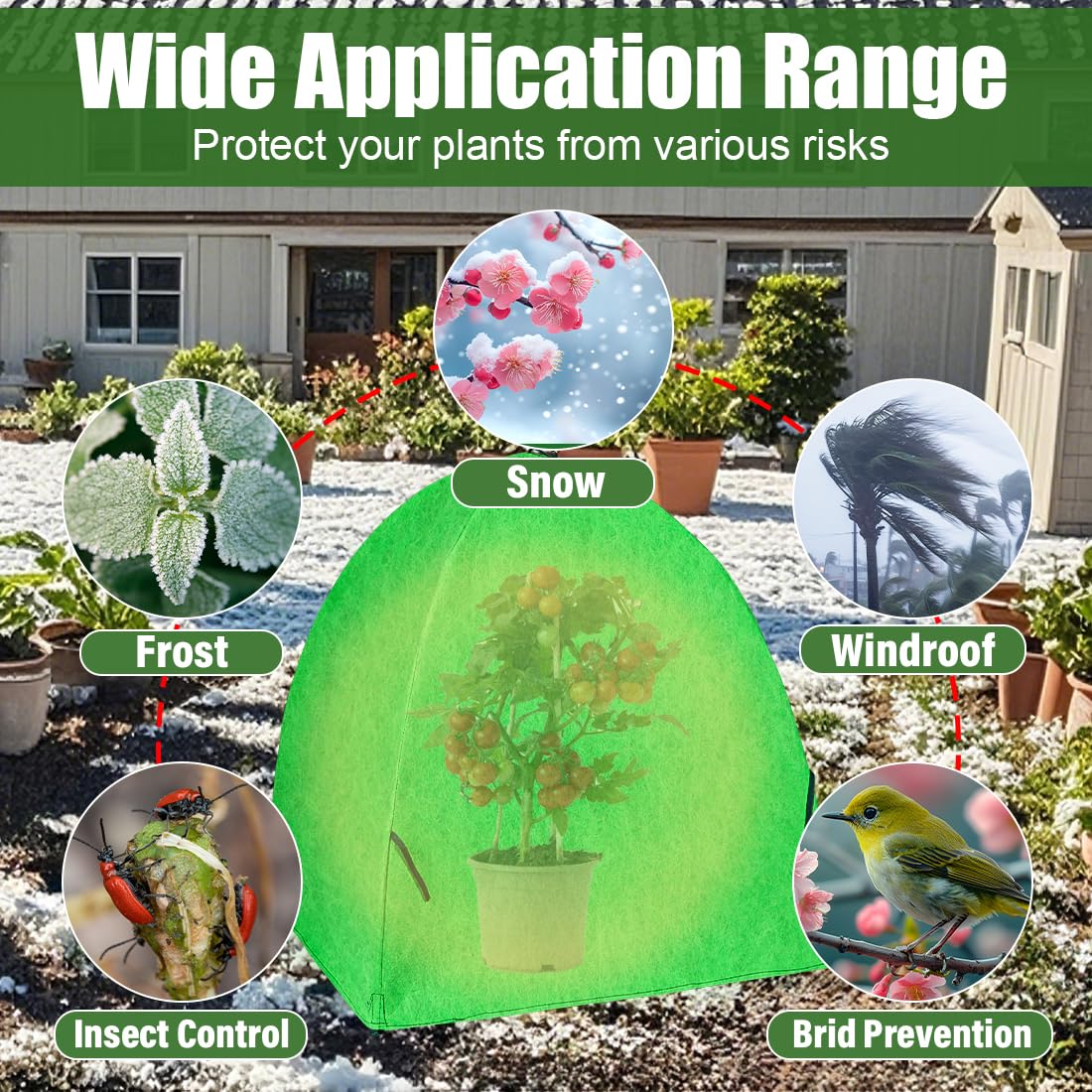 RooTrimmer installed over a garden shrub illustrating wind-resistant coverage