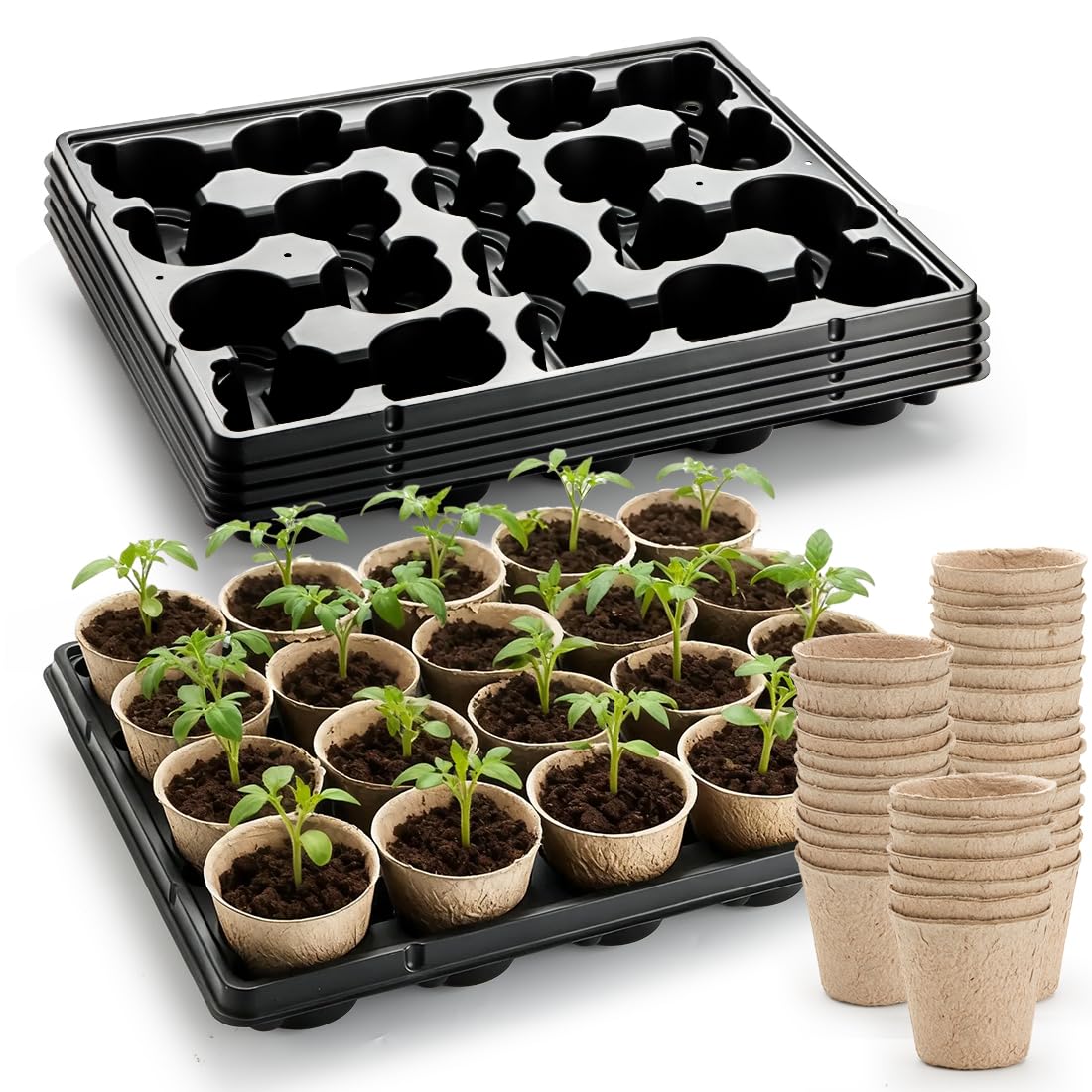 RooTrimmer frente del kit mostrando 100 macetas y 5 bandejas, organización eficiente