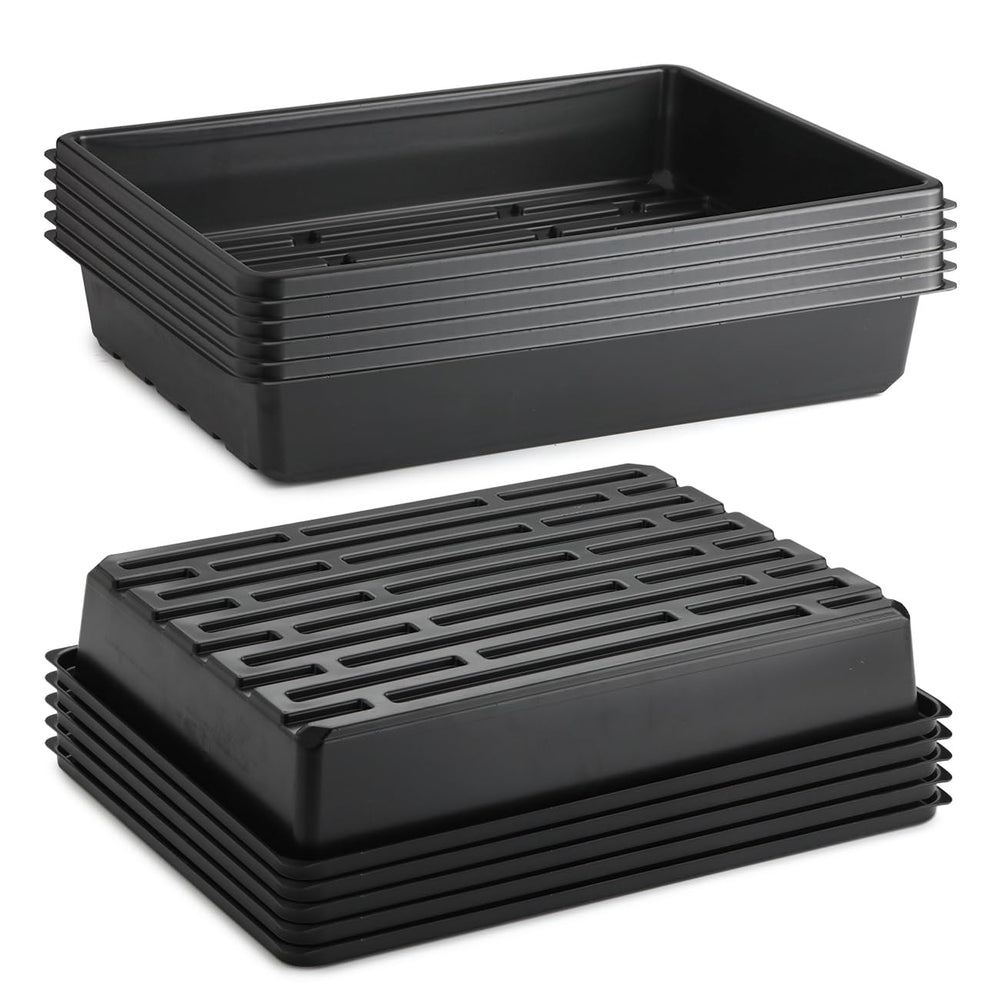 RooTrimmer front view of ten-pack heavy duty seed starter trays showing stackable convenience