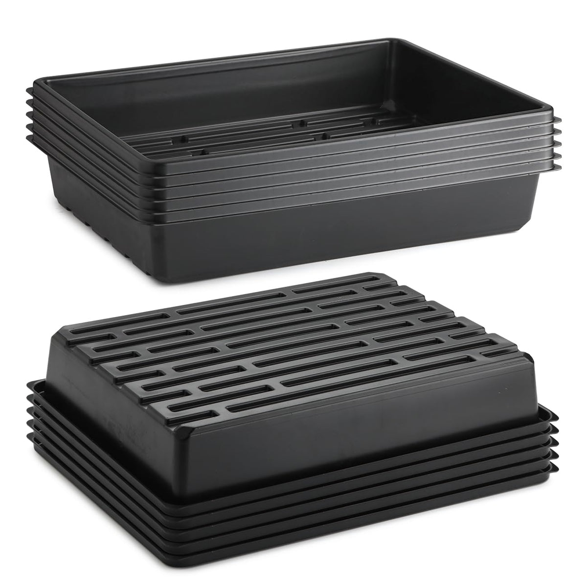 RooTrimmer front view of ten-pack heavy duty seed starter trays showing stackable convenience