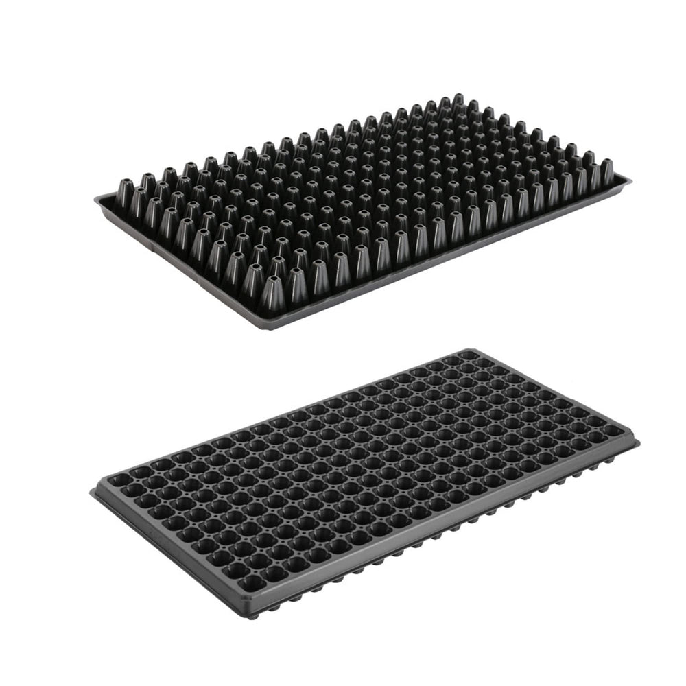 RooTrimmer front view of 10-pack durable 200-cell trays showing stackability and label benefits