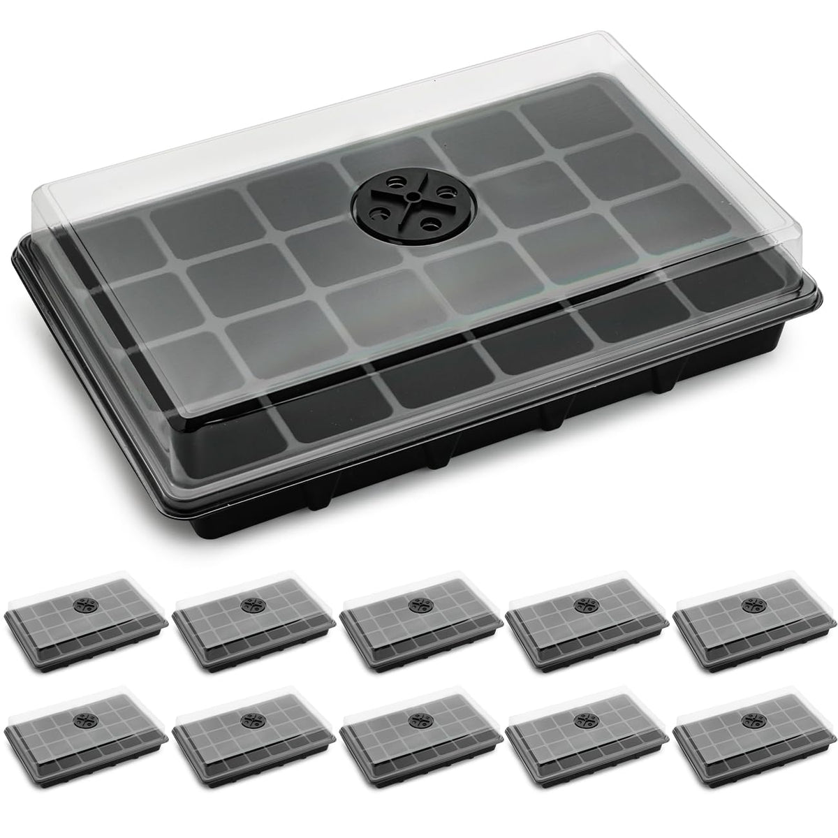 RooTrimmer front view of 24-cell tray showing sturdy construction and space for larger roots