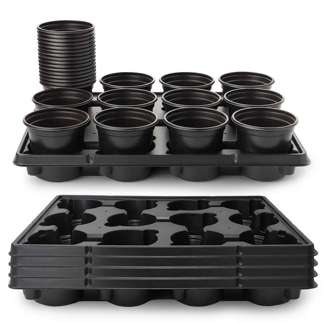 RooTrimmer front view of 4-inch pots and five 12-cell trays showing full kit benefit