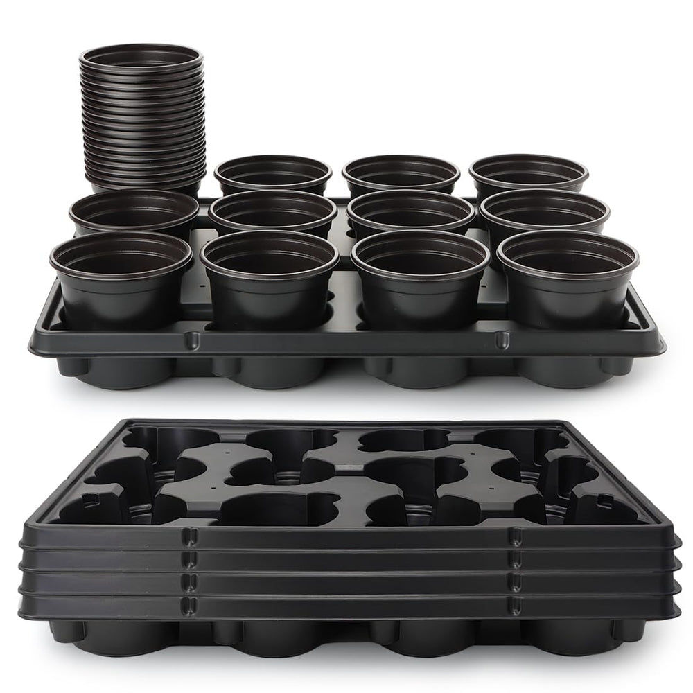 RooTrimmer front view of 4-inch pots and five 12-cell trays showing full kit benefit