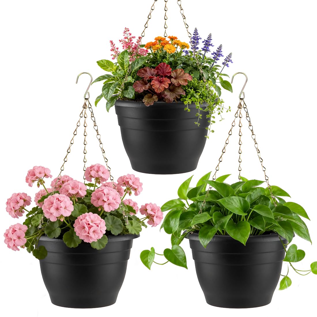 RooTrimmer front view of black 11-inch hanging basket showing elegant display and easy hanging