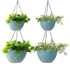 RooTrimmer front view of sky blue hanging planter set showing two 10 and two 8 inch pots and chains, stylish decor boost