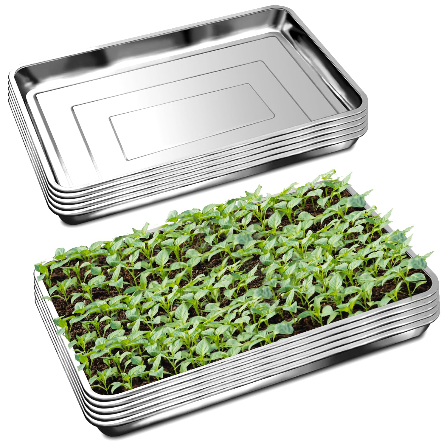 RooTrimmer front view of ten stainless trays showing heavy-duty durability