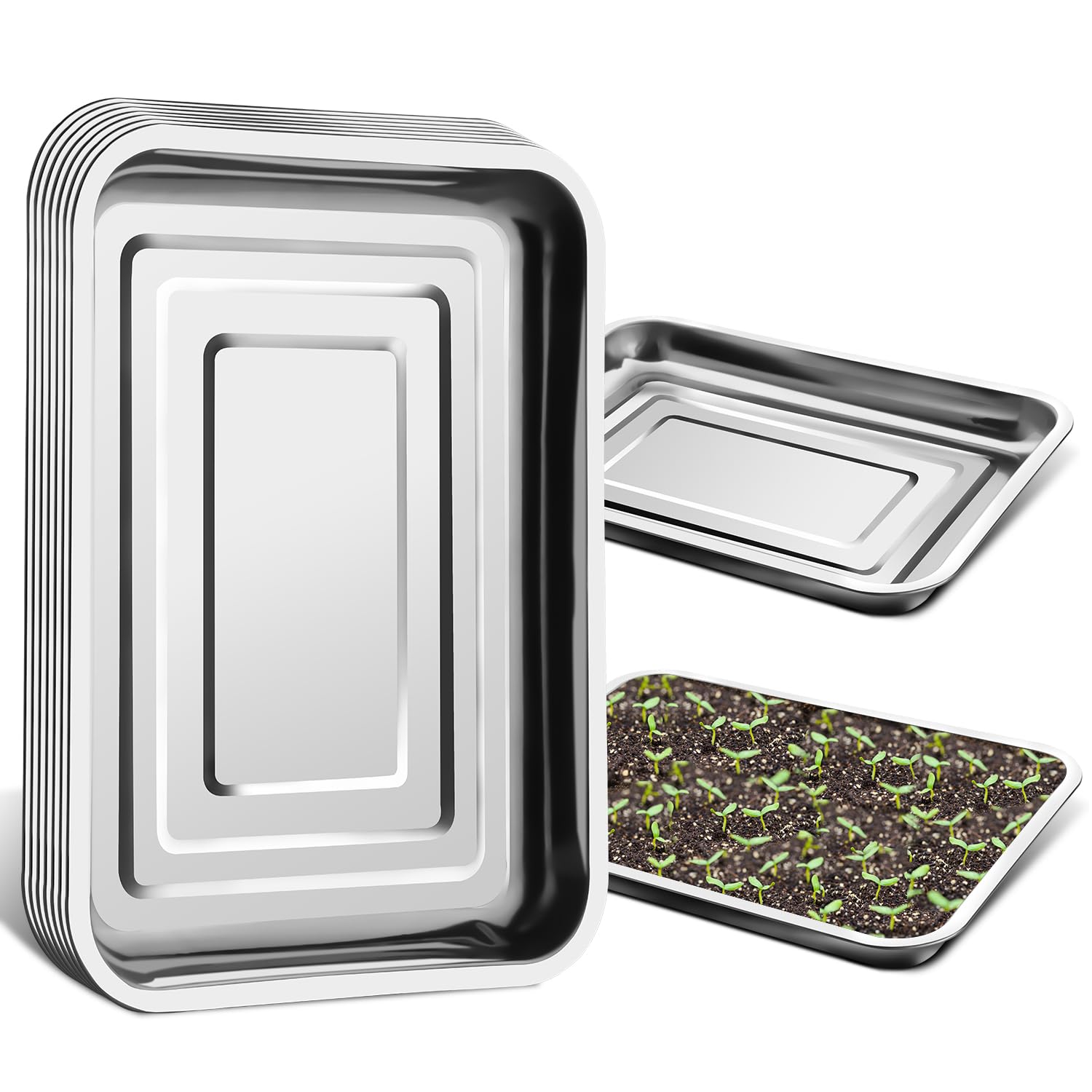 RooTrimmer front view of 10-pack stainless trays showing sturdy construction and clean edges