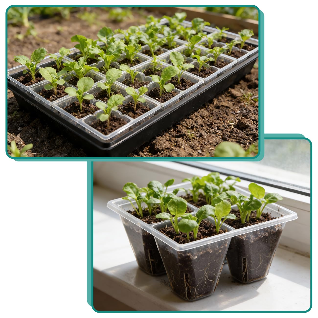 RooTrimmer trays arranged on greenhouse bench depicting large-batch seed starting workflow