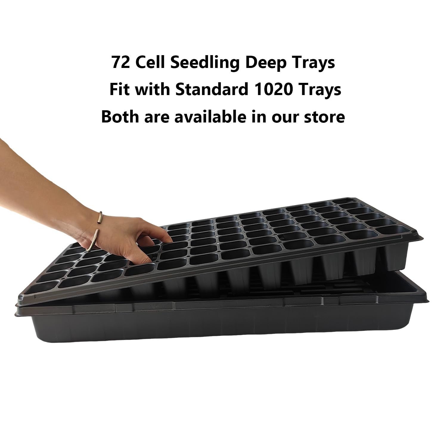 RooTrimmer tray seated inside a 1020 flat tray showing compatible fit and stability