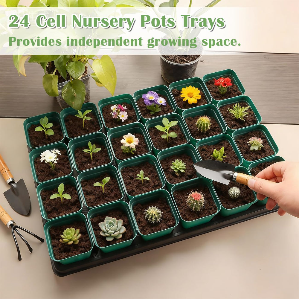 RooTrimmer lifestyle image on greenhouse bench demonstrating organized seed starting