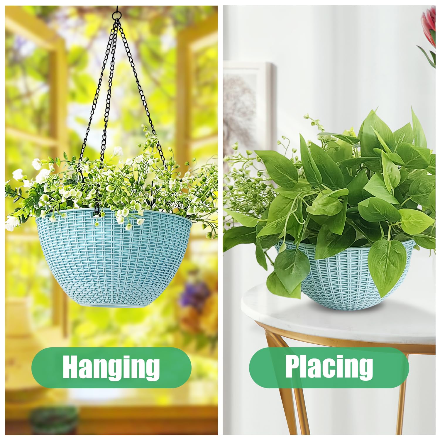 RooTrimmer hanging planters planted with herbs on a porch demonstrating space-saving outdoor styling