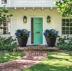 RooTrimmer planters with large houseplants on patio demonstrating outdoor use