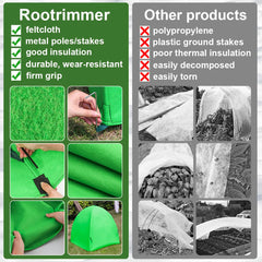 RooTrimmer included 17-inch poles and 6.5-inch stakes displayed for easy setup