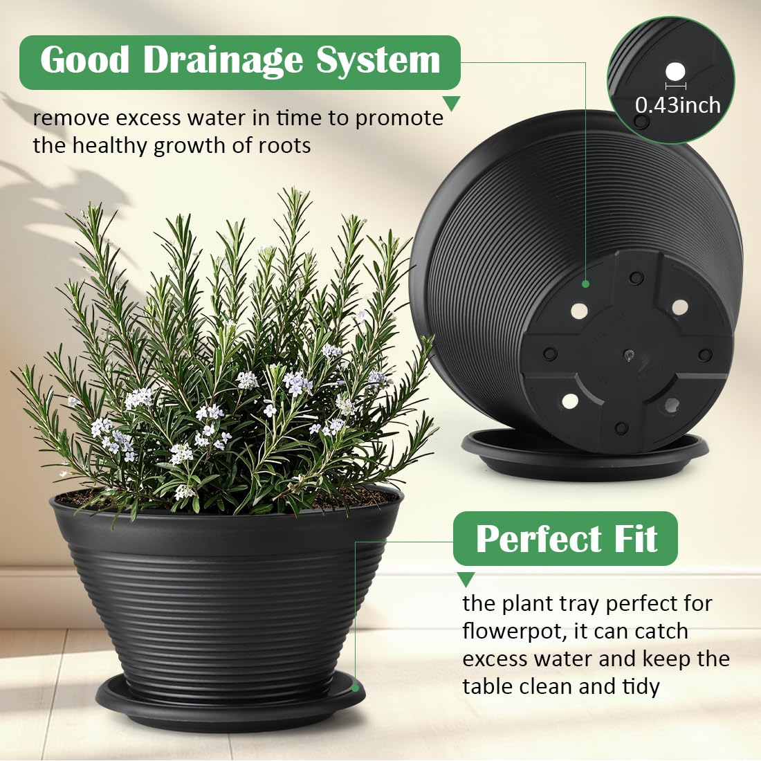 RooTrimmer planter with saucer filled with soil illustrating easy watering and clean trays