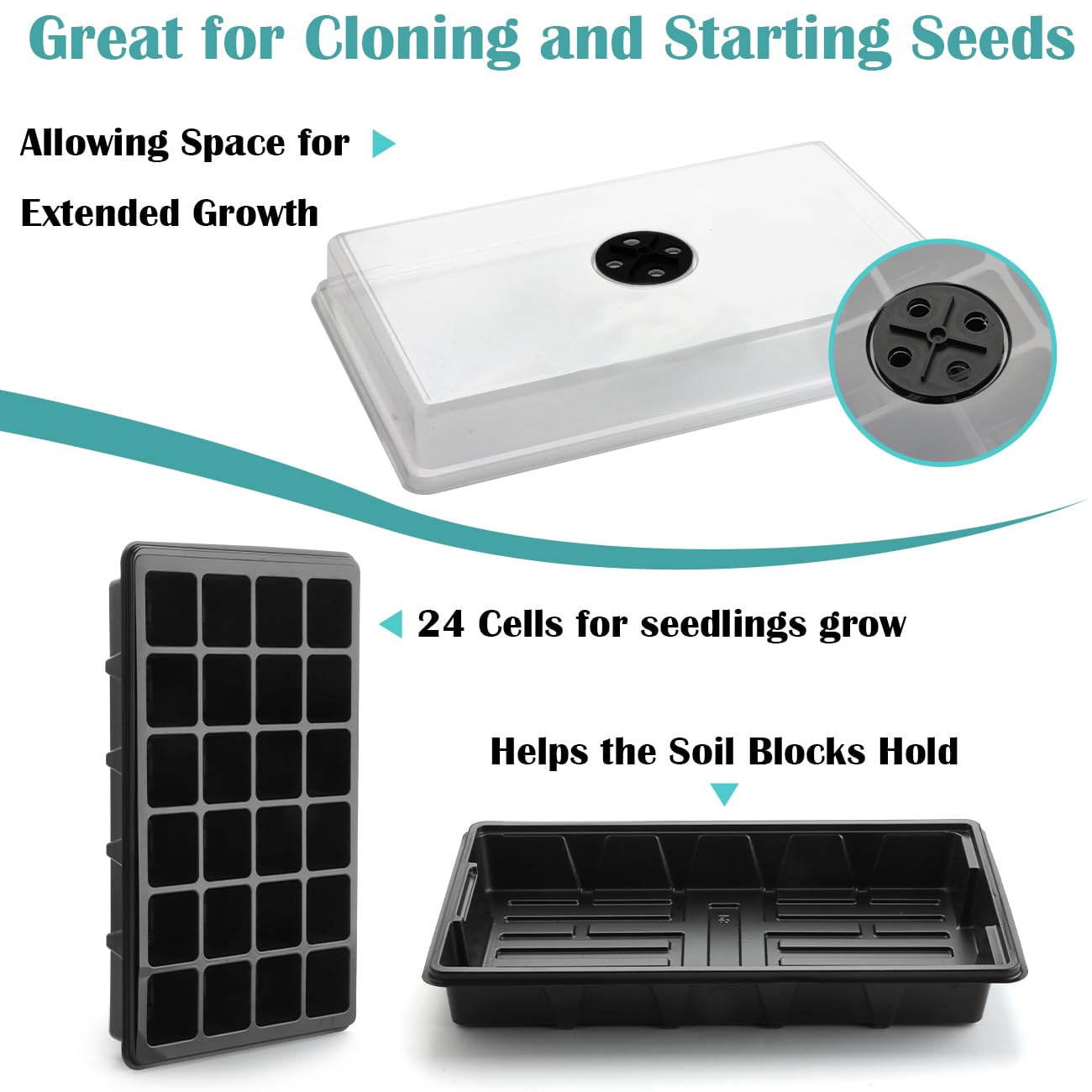 RooTrimmer hand holding tray for scale showing 2-inch cells fit larger seedlings comfortably