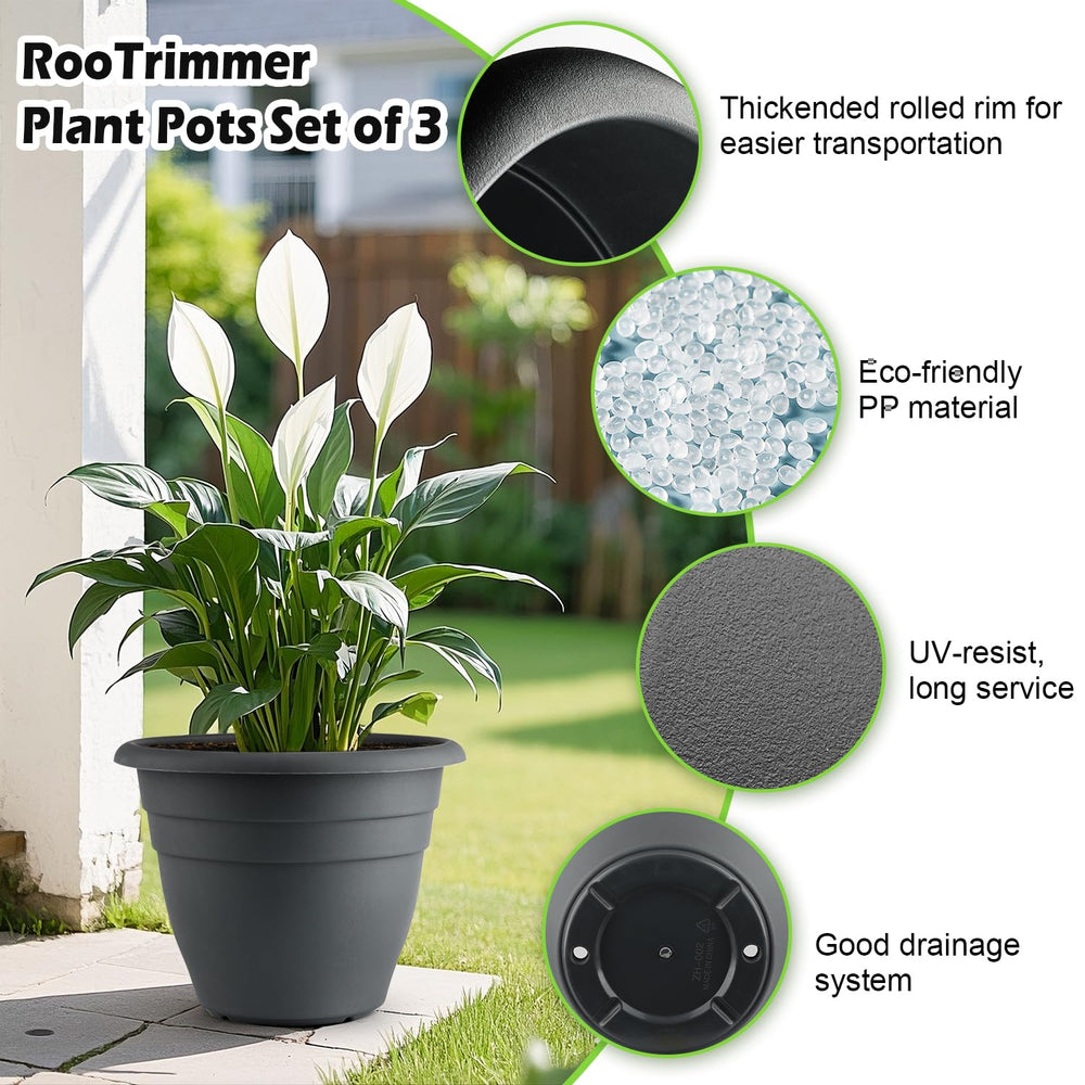 RooTrimmer three pots arranged on patio for coordinated styling benefit