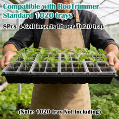 RooTrimmer inserts fitted in a standard 1020 flat demonstrating compatibility and bench efficiency