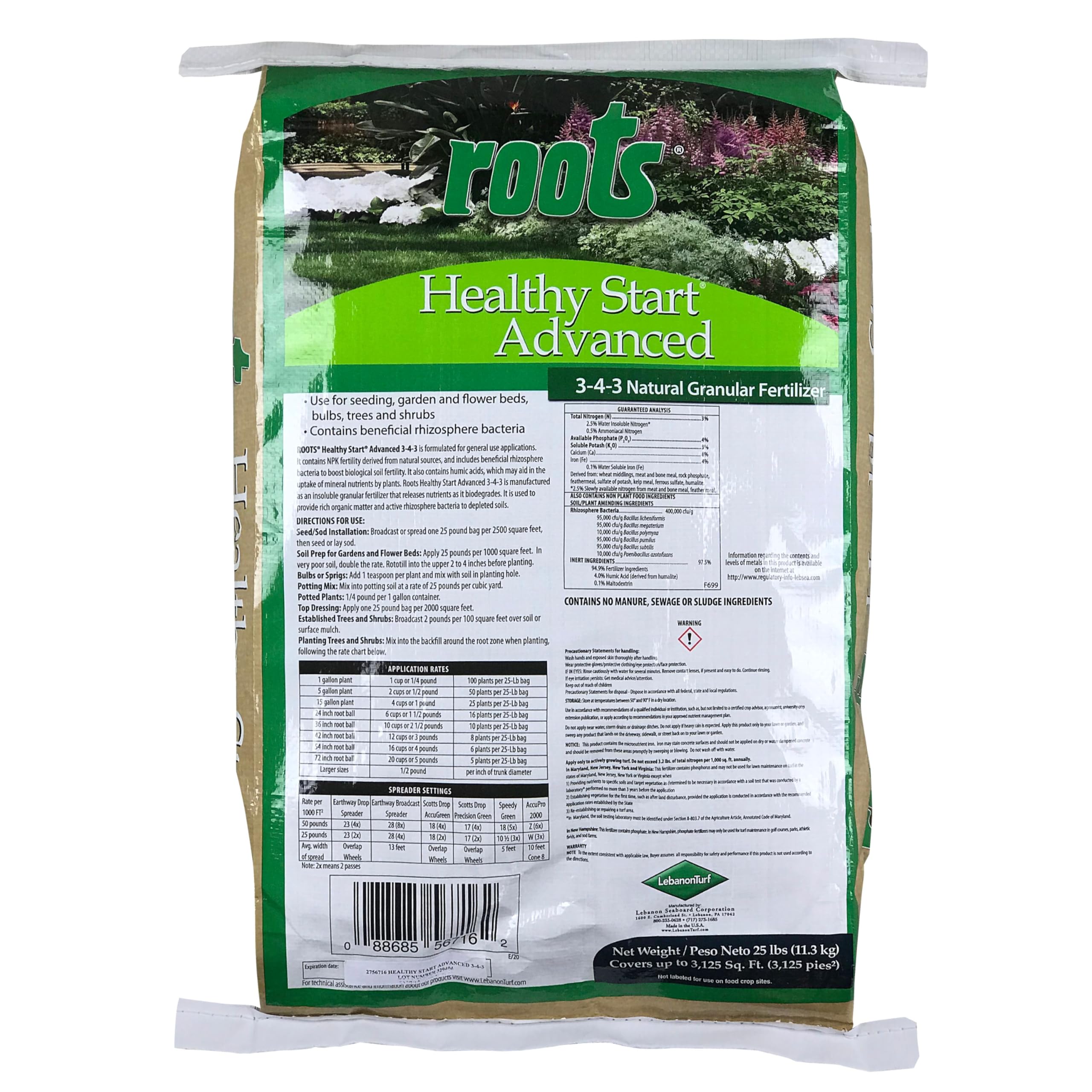 Roots front packaging 25 lb bag showing label and easy pour for gardening
