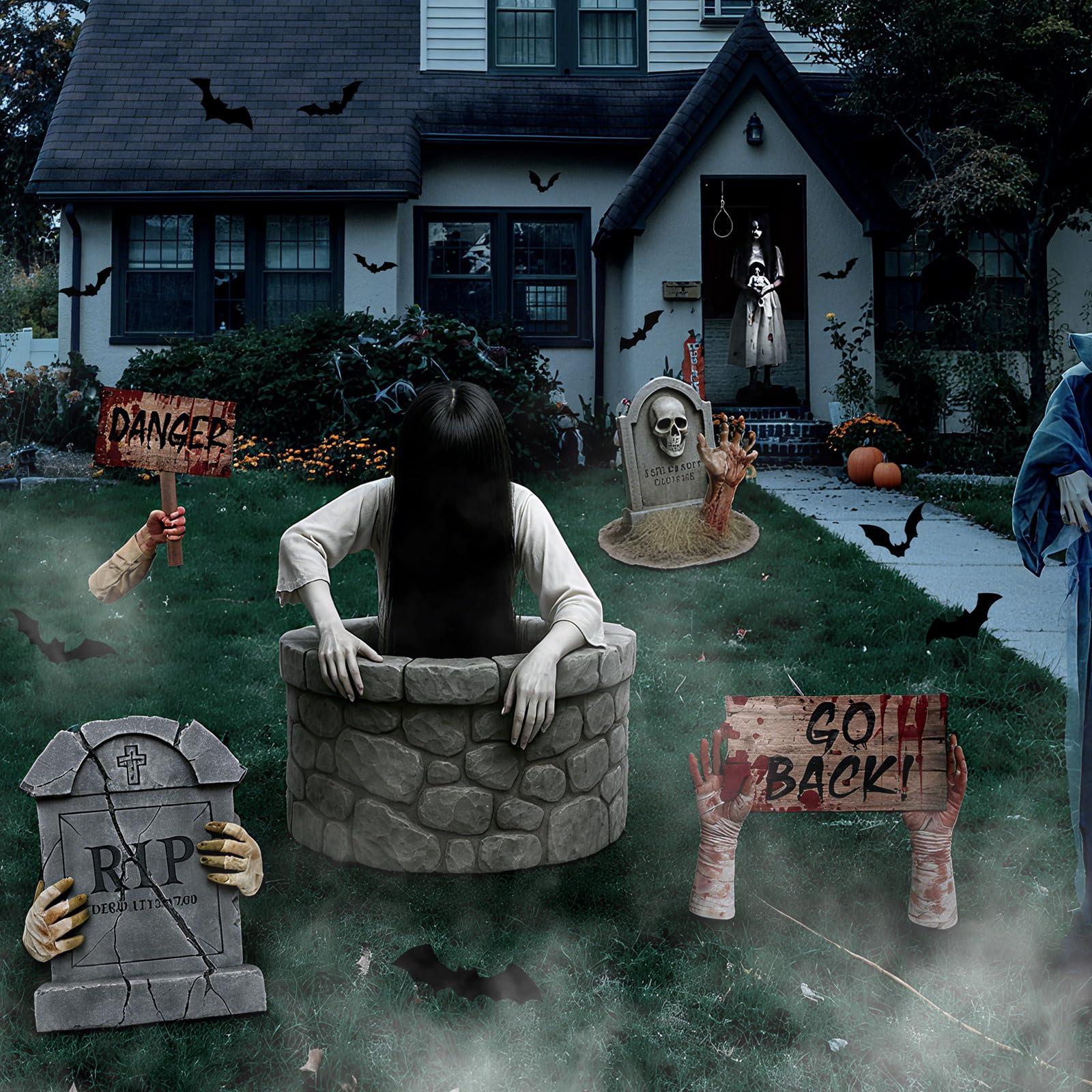 Roowest assembled tombstones in yard at night adding eerie ambience