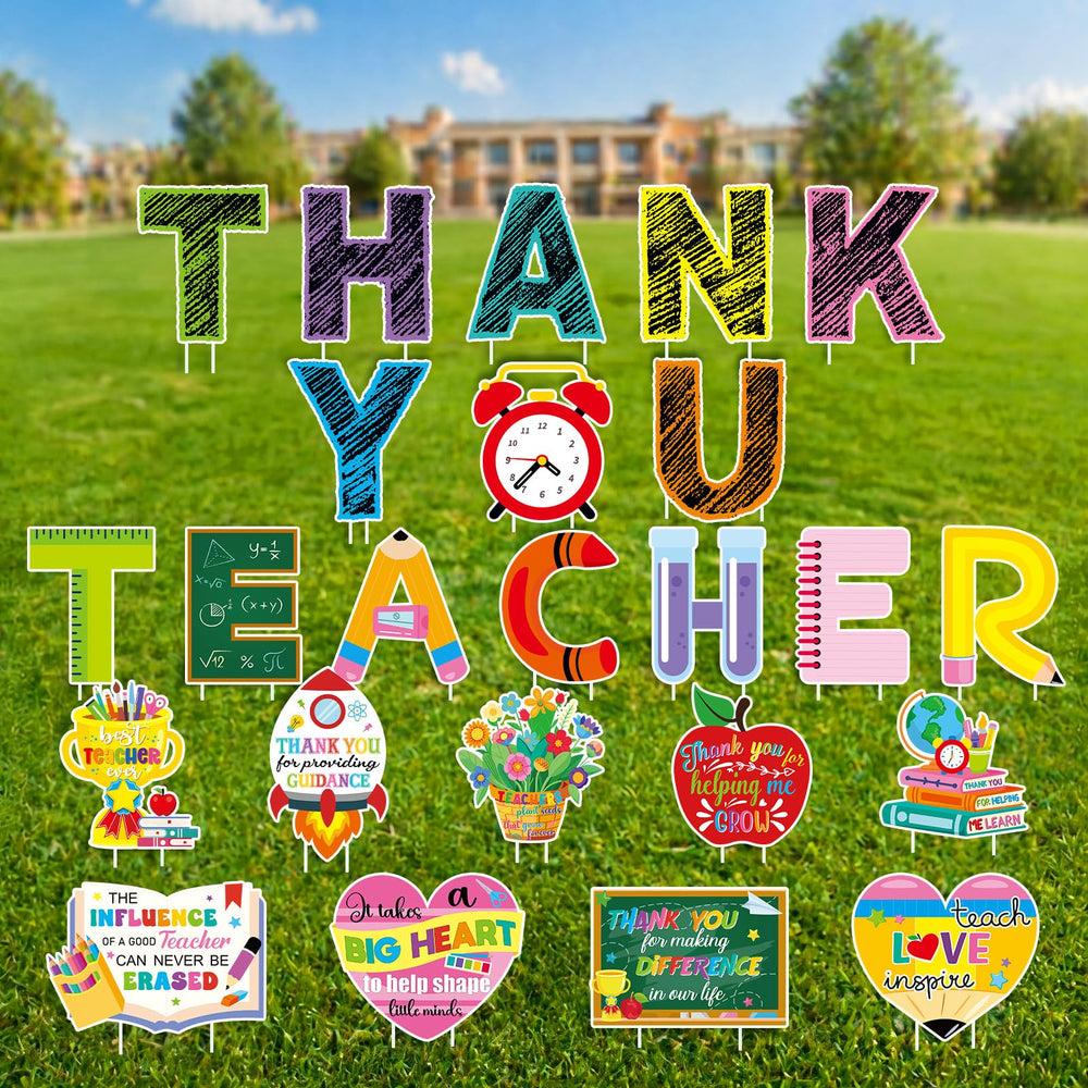 Roowest front pack display showing multiple teacher appreciation signs enhancing curb appeal
