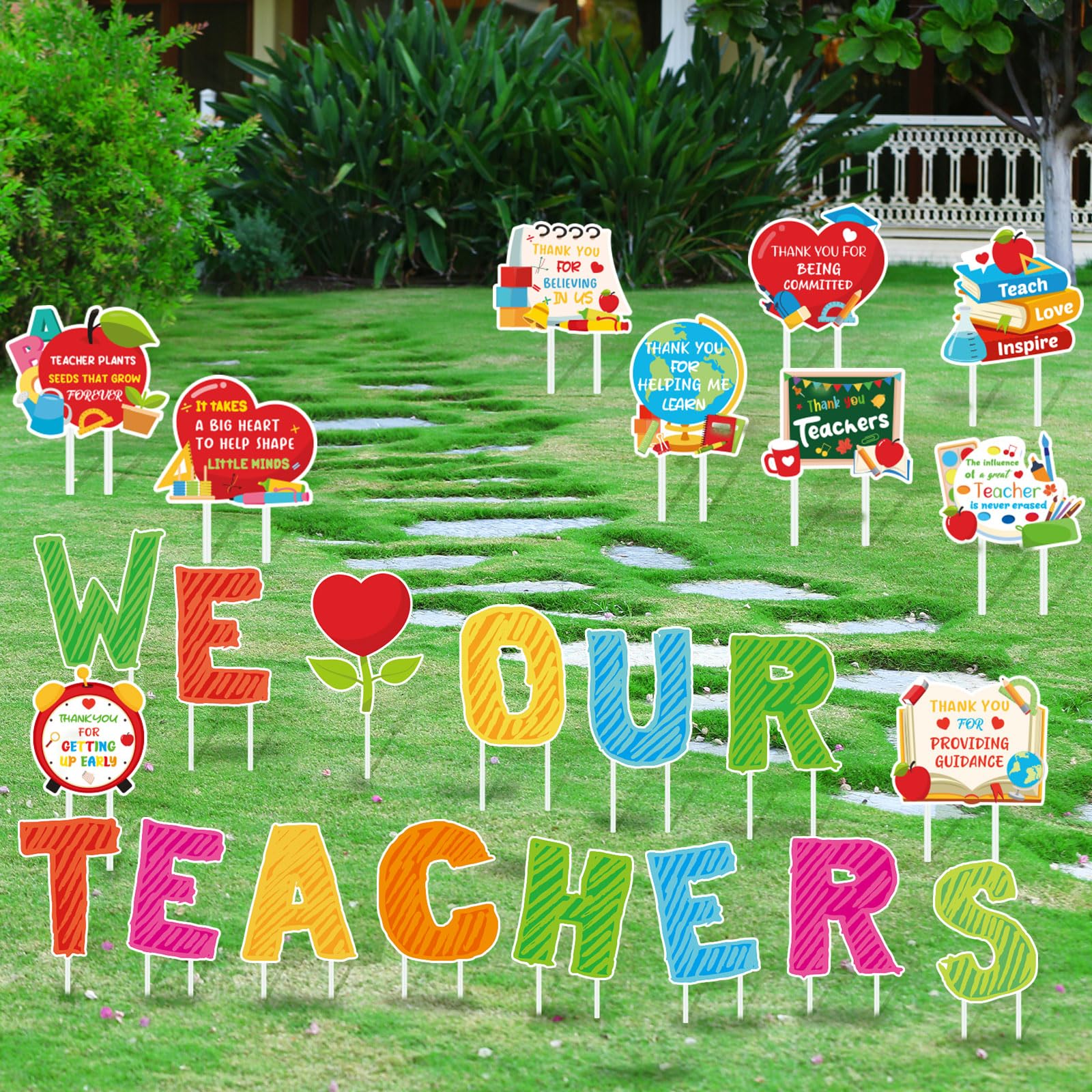 Roowest front packaging showing 24 teacher yard signs and 48 stakes, durable bundle benefit
