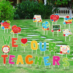Roowest front packaging showing 24 teacher yard signs and 48 stakes, durable bundle benefit