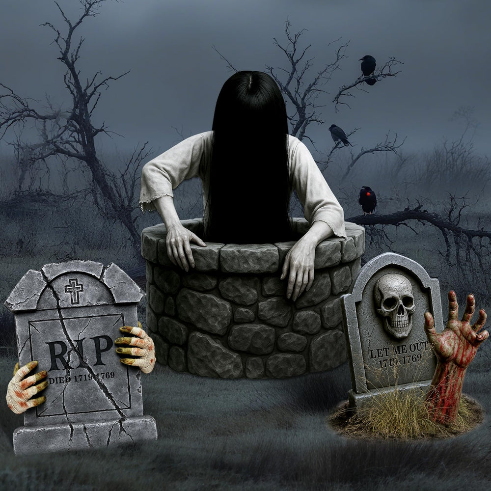 Roowest front view of tombstone signs showing spooky lawn curb appeal