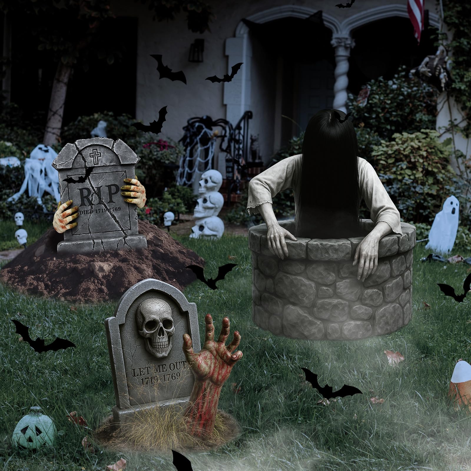 Roowest lawn scene with tombstones creating instant haunted-house atmosphere