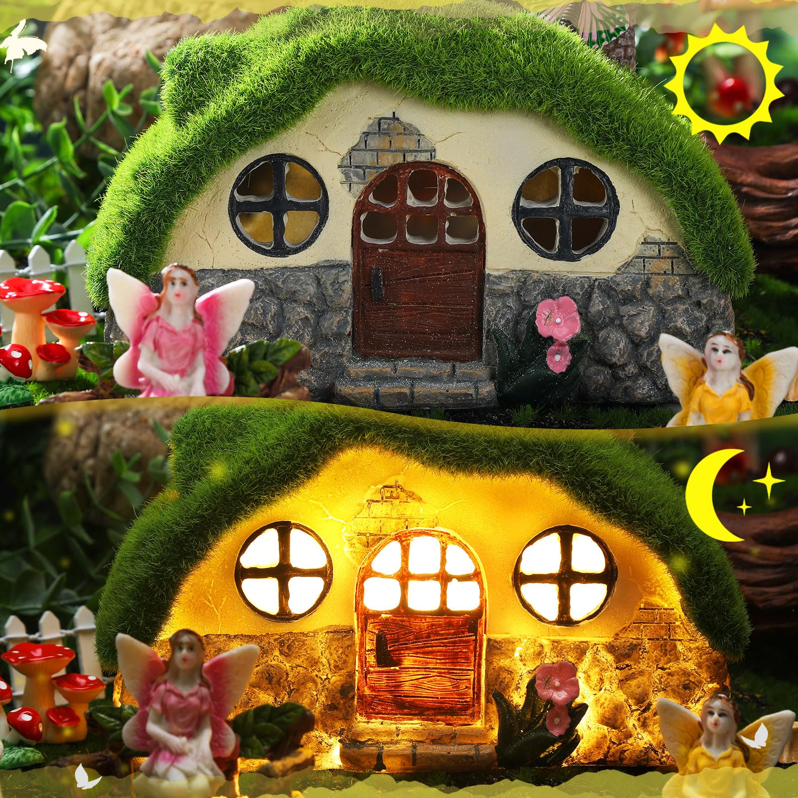 Roowest illuminated mushroom house at night creating cozy garden ambiance