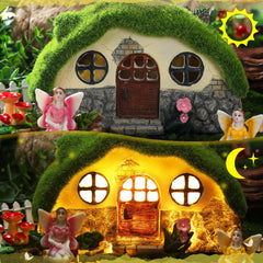 Roowest illuminated mushroom house at night creating cozy garden ambiance