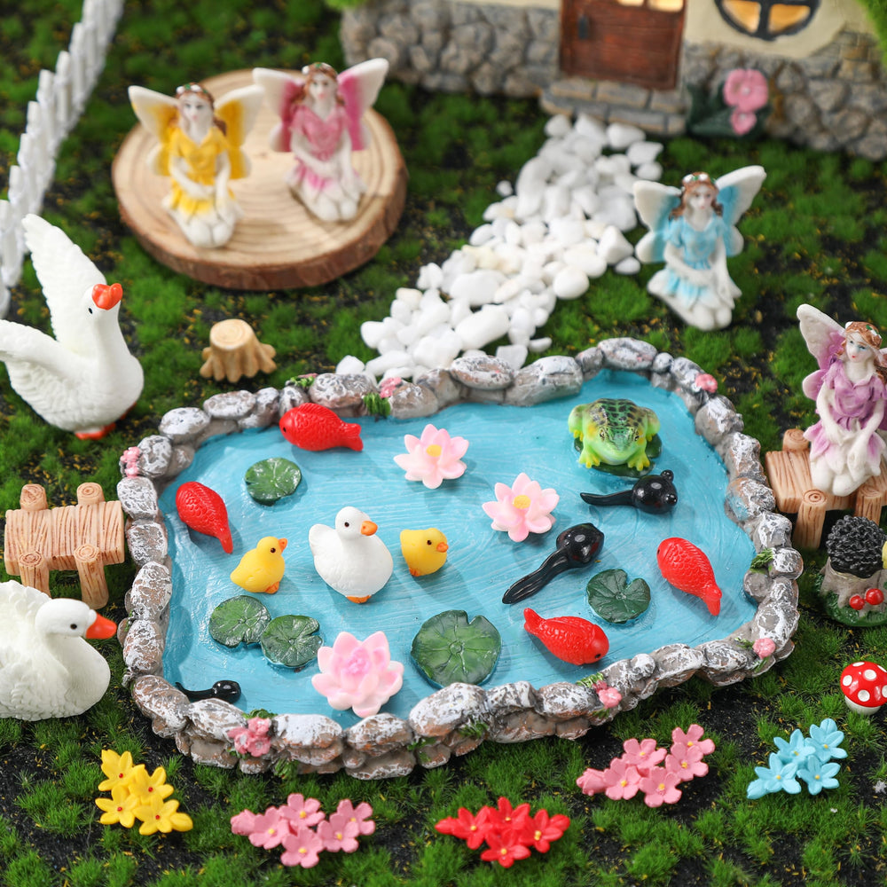 Roowest pond and fish miniatures displaying colorful, weather-resistant accents