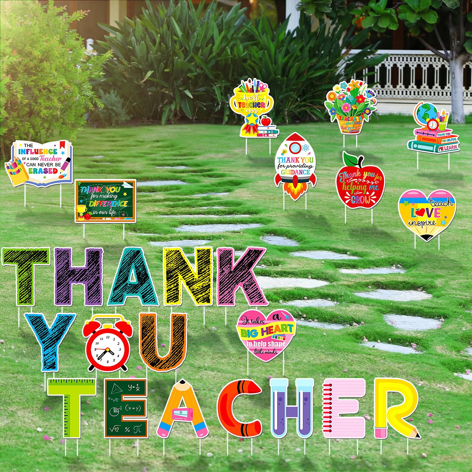 Roowest installed signs across a lawn showing visible teacher appreciation from street