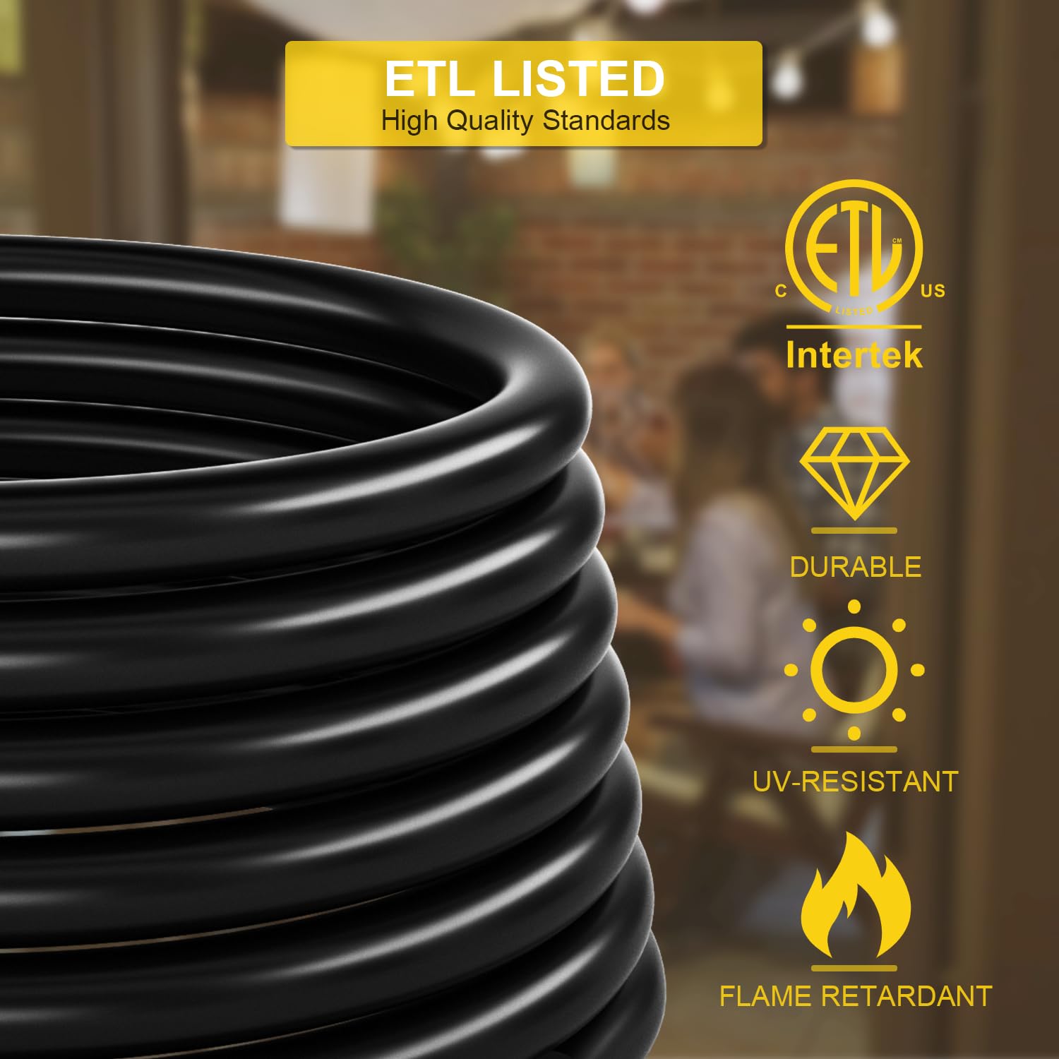 Rophor cable beside measuring tape showing 25-foot length for reach and placement options