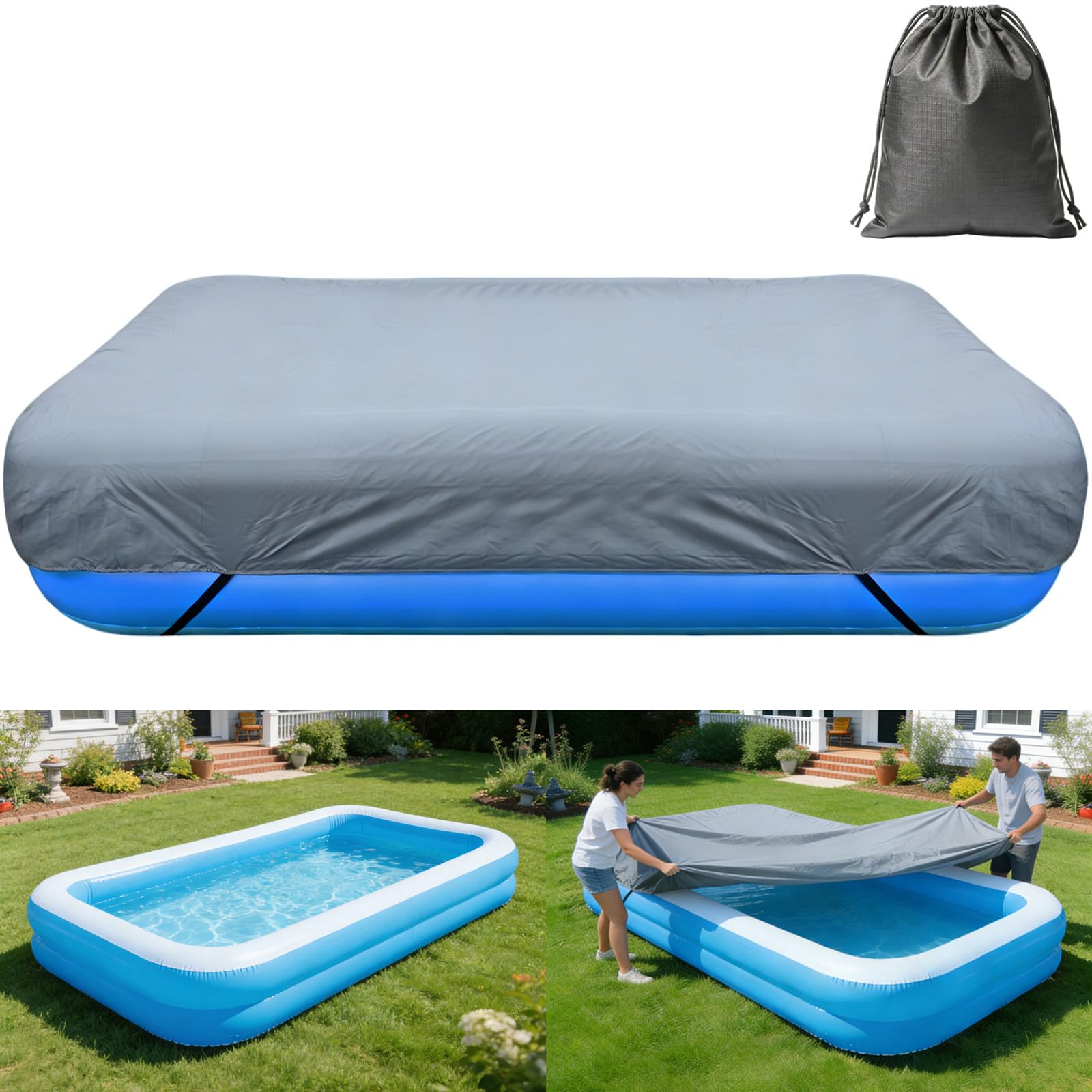 RORTUSAT front view showing full rectangular inflatable cover protecting pool