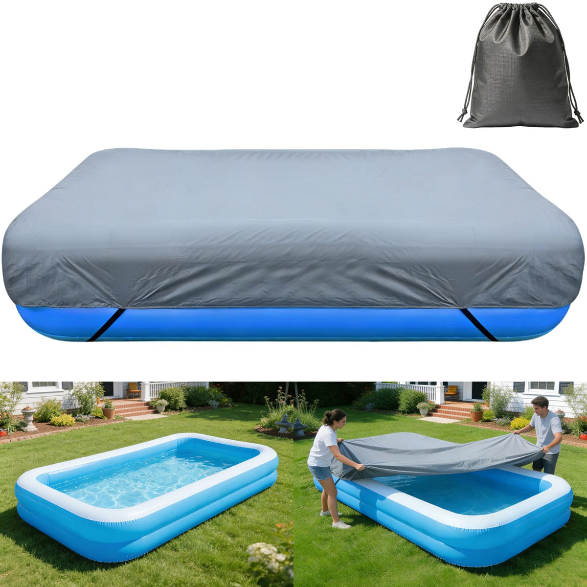 RORTUSAT front view showing full rectangular inflatable cover protecting pool