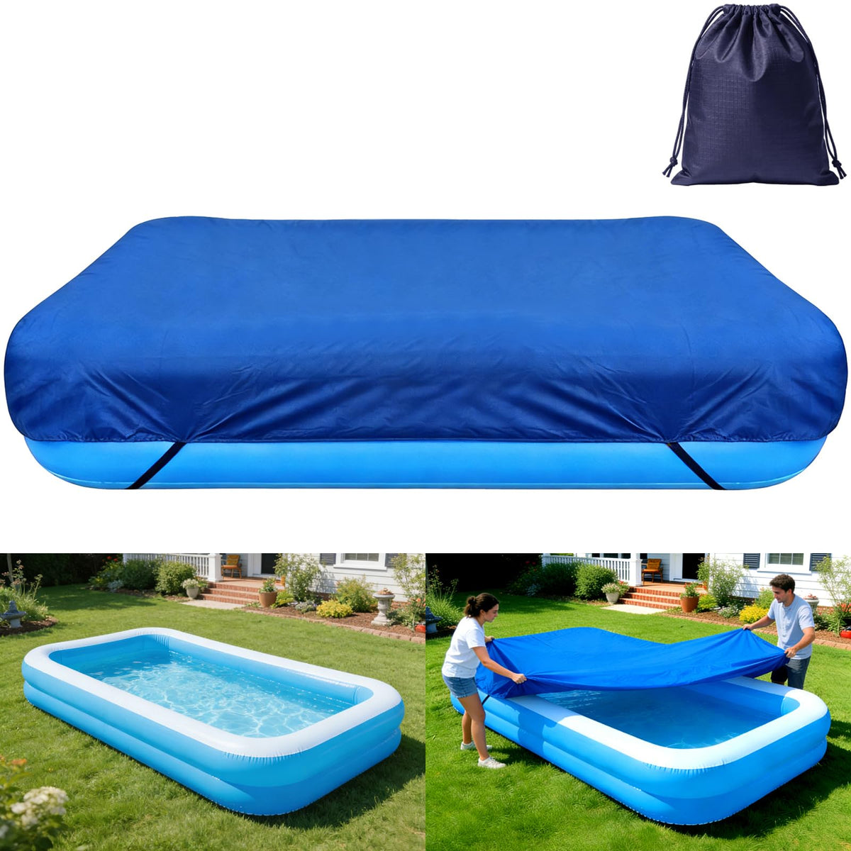 RORTUSAT front view of inflatable pool cover showing compact packaging and benefits