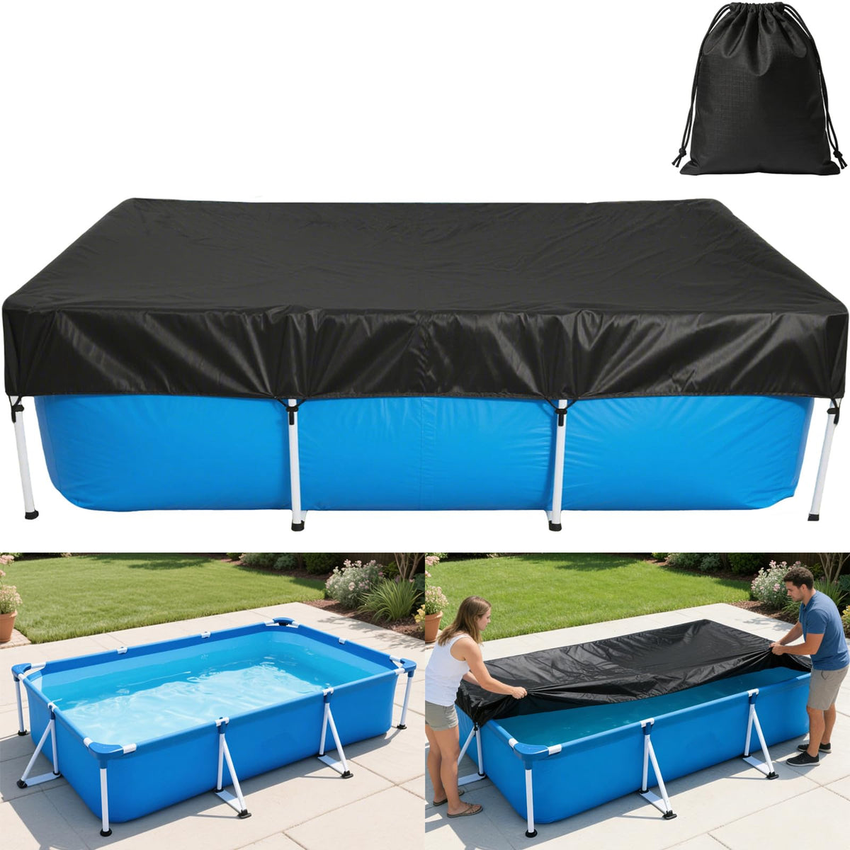 RORTUSAT front view of full 86x59 inch rectangular pool cover protecting pool