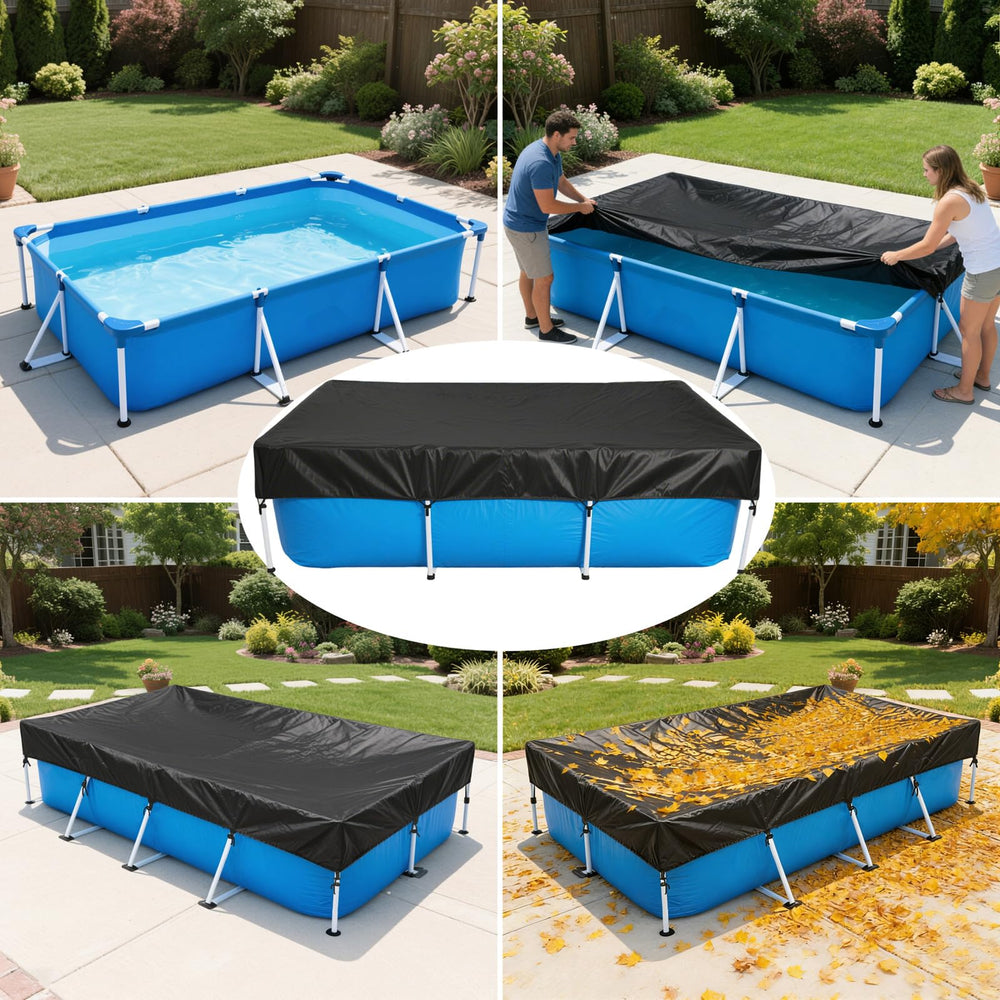 RORTUSAT cover in use over a framed 7.2 x 5 ft pool reducing debris entry
