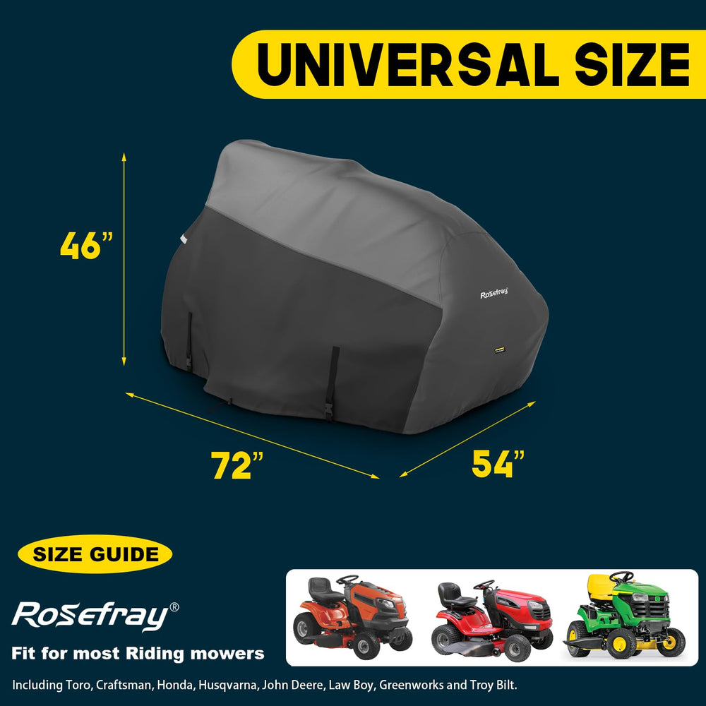 Rosefray next to 54-inch deck for scale, confirms universal fit benefit