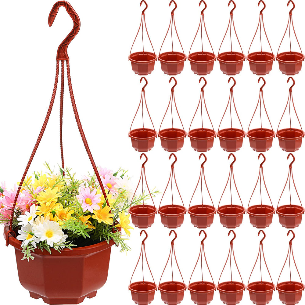 Roshtia front view of 24 brown hanging pots with hooks showing value
