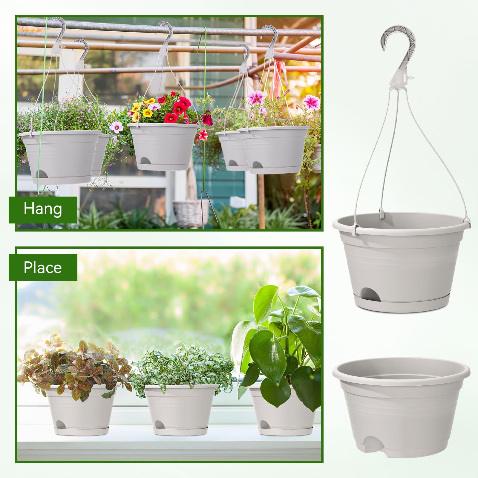 Roshtia balcony arrangement with hanging baskets showing space-saving vertical gardening benefit
