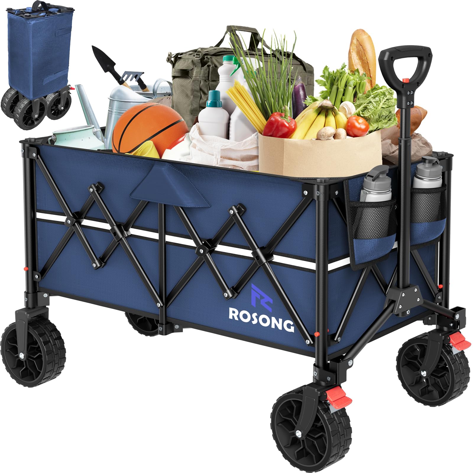 ROSONG wagon front view showing navy-blue fabric and sturdy frame benefit durability