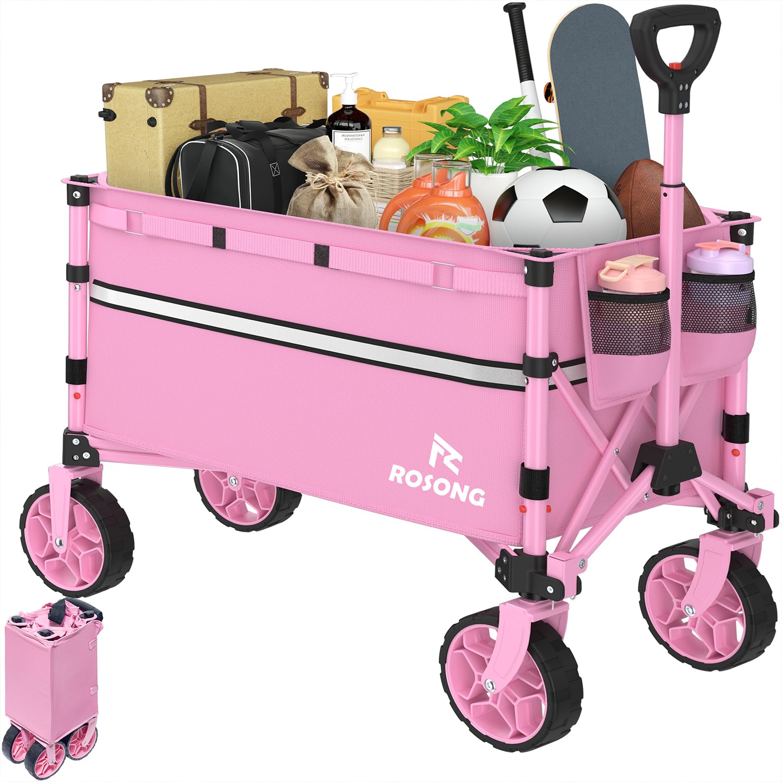 ROSONG front view of wagon showing full capacity and pink color benefit portability
